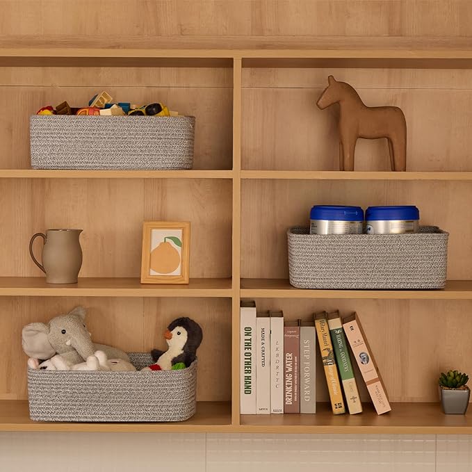Large Shallow Organizing Baskets 15x11x5.1 Inches - Rope Woven Storage Bins for Bathroom, Shelves, Cube Closet, Mixed Grey 2 Packs-Ruum Studio Home