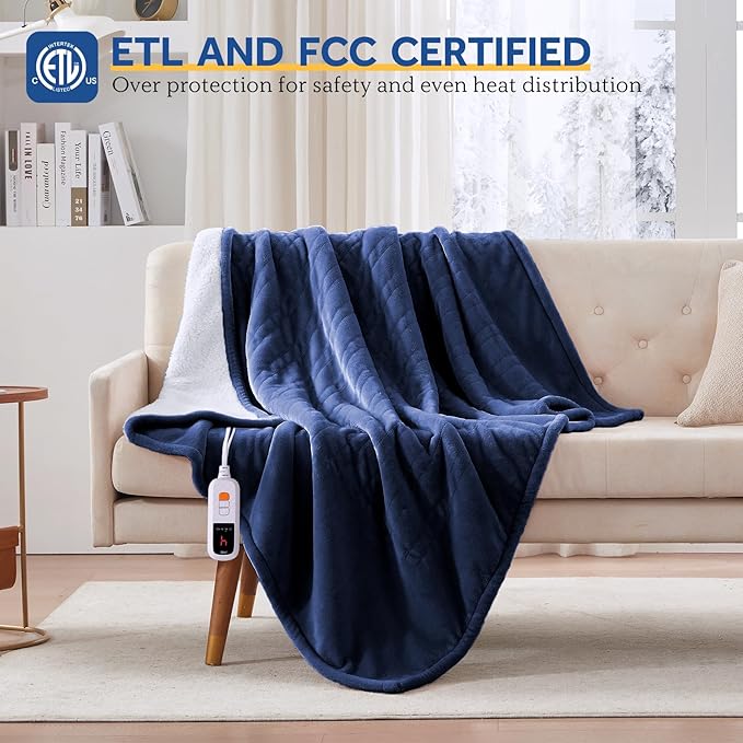 Sealy Electric Blanket Throw Size 50"*60",Super Cozy Flannel to Sherpa Reversible Heated Blanket Throw with 6 Heating Levels & 2-10 Hours Auto Off Overheating Protection Machine Washable,Navy-Ruum Studio Home