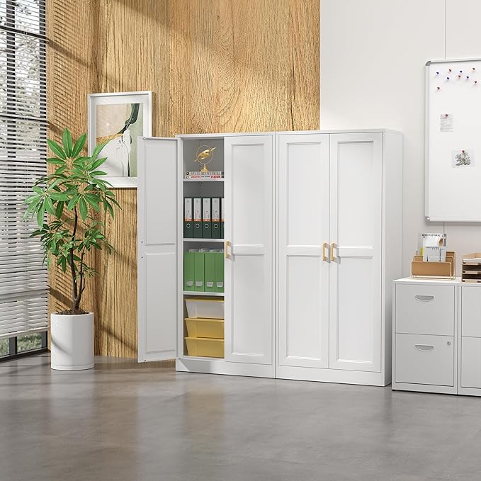 Kitchen Cabinet Storage,60”Metal Pantry Cabinet with Doors and 3 Adjustable Shelves,Food Pantry Cabinets with 2 Gold Handles,White Tall Storage Cabinet for Livingroom,Pantry,Bathroom,Kitchen-Ruum Studio Home