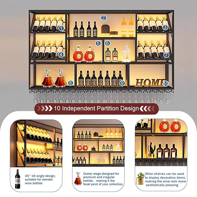 70.8Inch Wall Mounted Wine Rack, 3 Tiers Large Bar Shelves with 18 Glass Holder, Metal Wine Bottle Display Shelf, Modern Iron Liquor Shelf, for Kitchen Dining, Home Bar, Cellar (70.8" W)-Ruum Studio Home