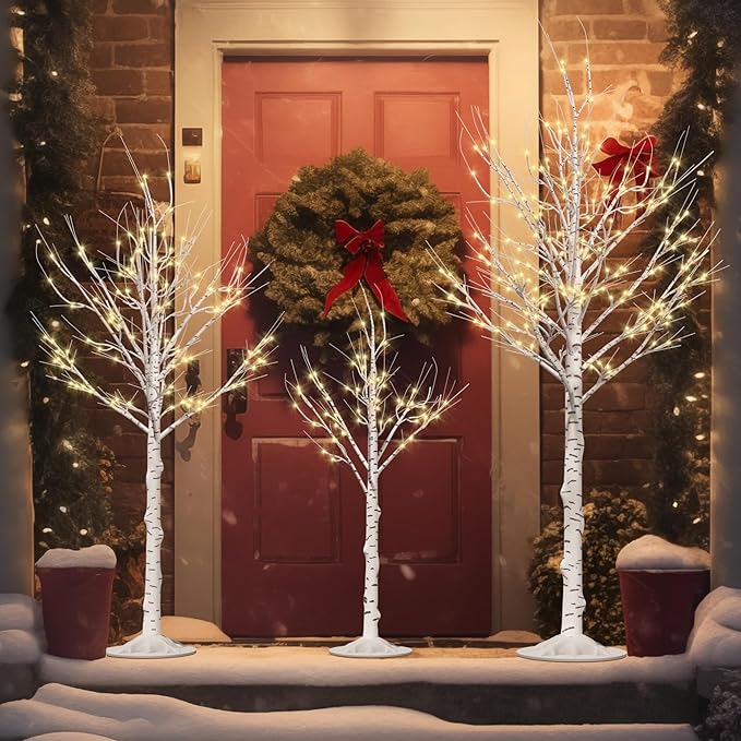 Outdoor Christmas Decorations Lighted Birch Tree Set of 3, LED Warm White 4, 6 and 8 Feet, for Indoor Christmas Decor, Party, Garden, Yard, Wedding, Holiday-Ruum Studio Home