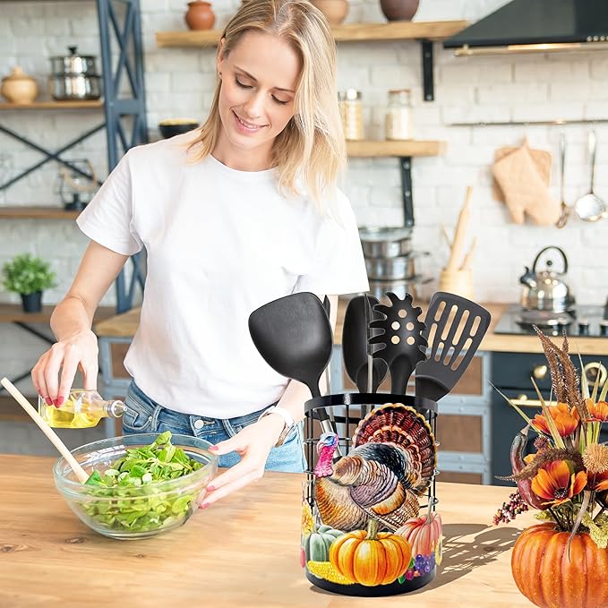 Thanksgiving Turkey Utensil Holder, Thanksgiving Turkey Pumpkin Kitchen Decor Utensil Organizer for Countertop, Fall Metal Cooking Tools Farmhouse Counter Decor, Kitchen Gifts Utensil Caddy Harvest-Ruum Studio Home