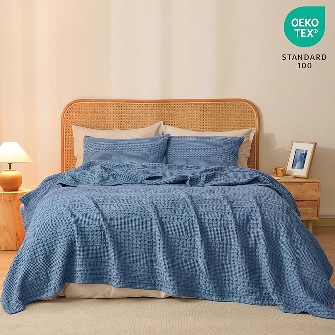 PHF 100% Cotton Waffle Weave Blanket Queen Size, Soft Lightweight Breathable Cozy Summer Blankets for Bed, Luxury Aesthetic Woven Bedding for Home Decor, 90"x90", Captain's Blue-Ruum Studio Home