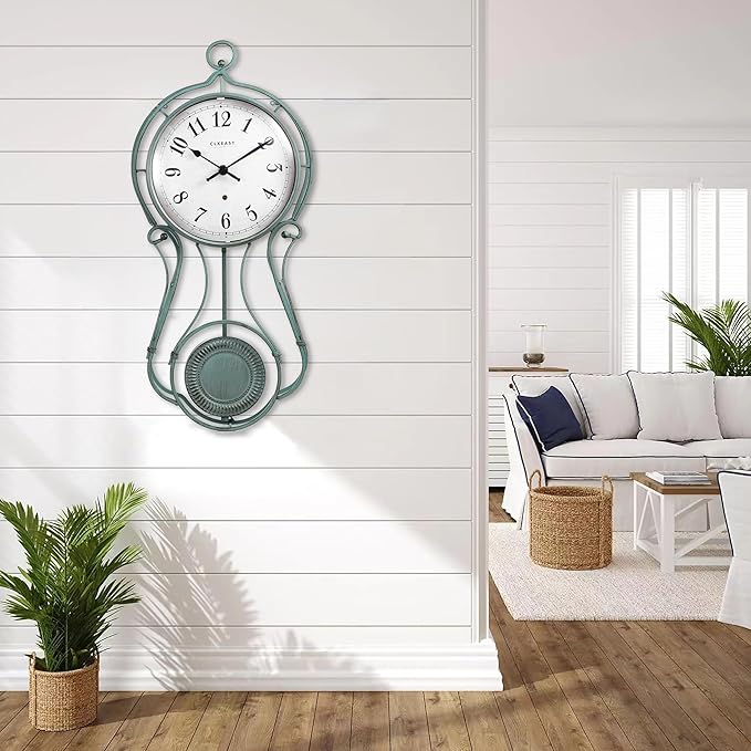 CLXEAST 20 Inch Metal Pendulum Wall Clock Battery Operated,Large Schoolhouse Wall Clocks for Living Room Decor,Antique Aged Teal Green Finish,House Warming Gifts New Home-Ruum Studio Home