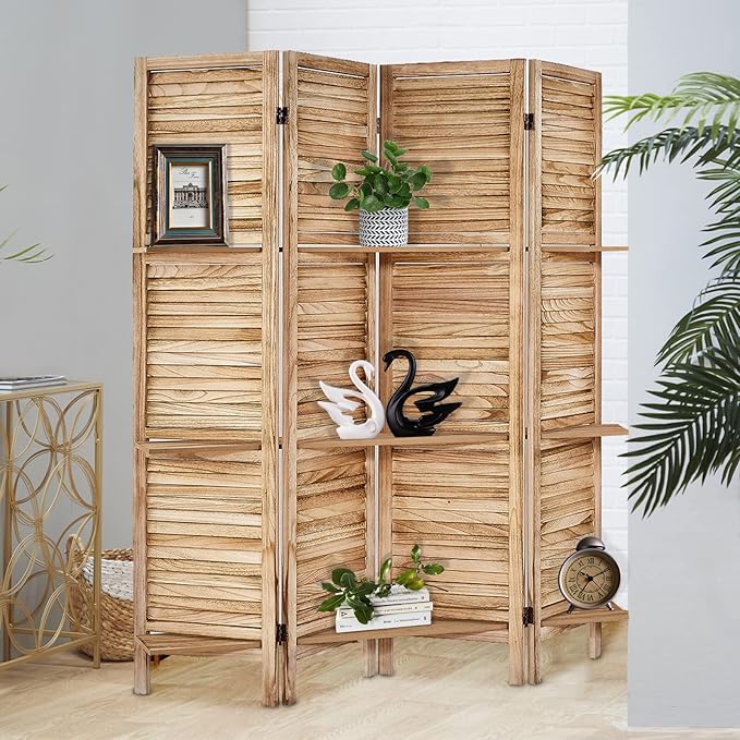 Room Divider with Shelves, Privacy Screen, Room Dividers and Folding Privacy Screens, 4 Panel Wood Temporary Wall Partition Separation Separator, Natural-Ruum Studio Home