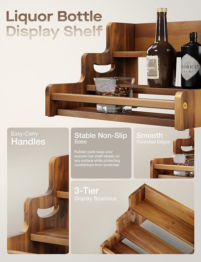 Tinamo Acacia Wood Liquor Bottle Display Shelf – 3-Tier Countertop Wine Rack, Bar Shelf – Whiskey Bar Stand for Home, Bottle Organizer for Countertop, Man Cave Decor – Wine Holder with Handles-Ruum Studio Home