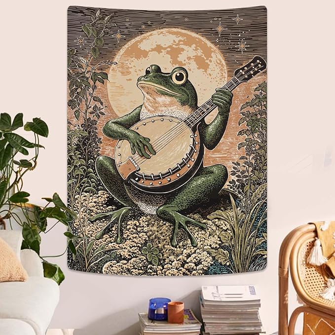 Lunerfex Moonlit Banjo Frog Wall Tapestry, Whimsical Amphibian Musician Tapestries for Room Decor, Folk Art Tapestry 60L x 80W-Ruum Studio Home