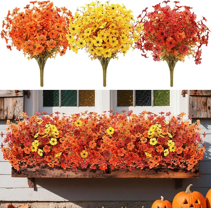 12 Bundles Artificial Fall Flowers Faux Mums for Outdoor Indoor, Artificial Plants Daisy Faux Plants Fake Mums for Fall Decor Pots Patio Garden Porch Autumn (Orange，Brown，Yellow) (12)-Ruum Studio Home