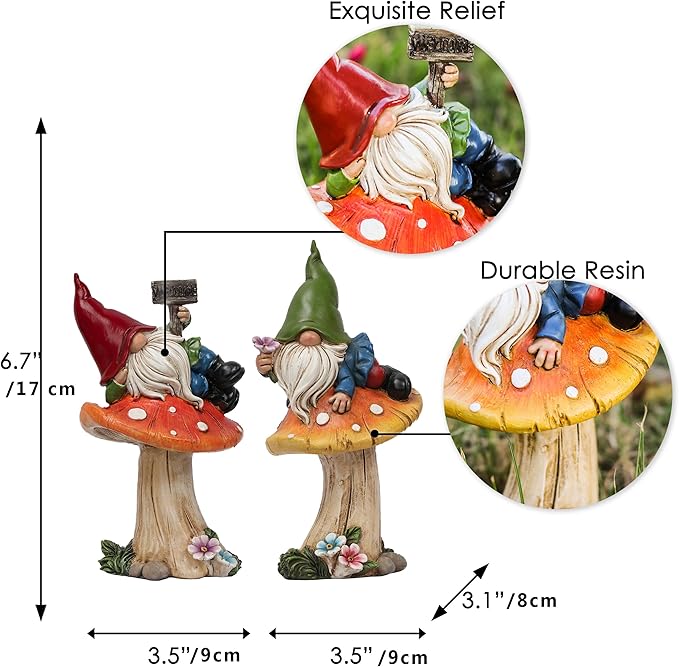 TERESA'S COLLECTIONS Resin Statues for Yard, Set of 2 Cute Garden Gnomes on Mushroom Statues for Outdoor Patio Porch Lawn, Ideal Gift for Dad Mom Birthday, Outside Decor Housewarming Gifts, 6.7"-Ruum Studio Home