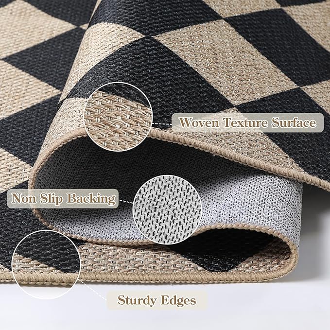 Lahome Checkered Dining Living Room Rug, 5x7 Washable Indoor Outdoor Easy Jute Rug, Farmhouse Neutral Diamond Non Slip Non Shedding Floor Carpet for Sunroom Deck Classroom Office-Ruum Studio Home
