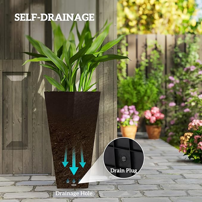 Outsunny Tall Planters for Outdoor Plants Set of 3, 28 in Taper Planters with Drainage Holes, Indoor Grande Plant Pots, Front Porch Decor, Brown-Ruum Studio Home