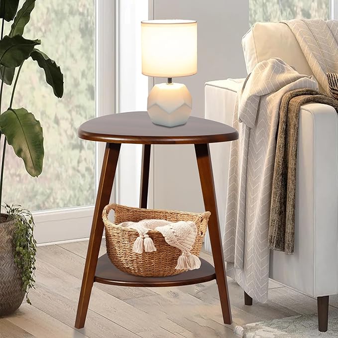 Wood Side Table, Small End Table with Storage Shelf, Accent Table for Living Room, Solid Wood Legs, Walnut-Ruum Studio Home