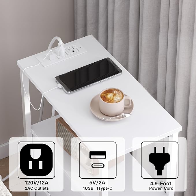 TUTOTAK Narrow LED Night Stand with Charging Station, Slim End Table with Plugins, Tall Side Table with 3 Fabric Drawer, Small Bedside Table with Storage, Set of 2, for Living Room, White TB01BW073L-Ruum Studio Home