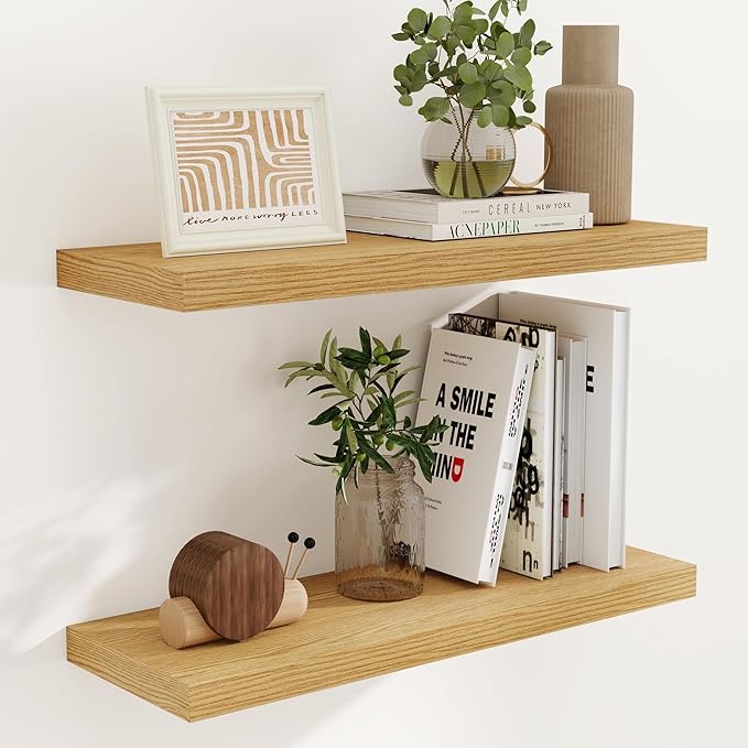 Rustic Wood Floating Shelves 32 Inch Long, 9 Inch Deep Wall Shelves for Home Decor, 32 x 9 Floating Shelf Wall Mounted Set of 2, Deep Floating Shelves for Kitchen, Bedroom, Living Room, Oak Color-Ruum Studio Home