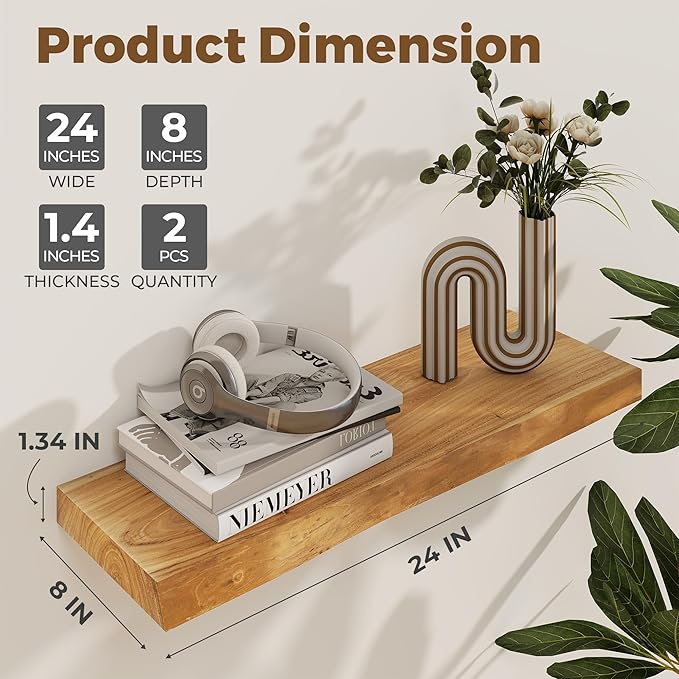 Axeman 24 inch Floating Shelves for Wall - 8'' D Live Edge Rustic Solid Elm Wood Floating Shelves Wall Mounted, Wall Shelves with Invisible Bracket for Living Room Bedroom Kitchen, Set of 2 Natural-Ruum Studio Home