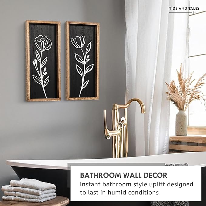 3D Vintage Black Living Room Decor (Set of 2) Lightweight, Wooden Ready-to-Hang Framed Moody Floral Wall Art for Bathroom, Bedroom or Office - Dark Textured Boho Farmhouse Wall Decor - Gift-Boxed-Ruum Studio Home