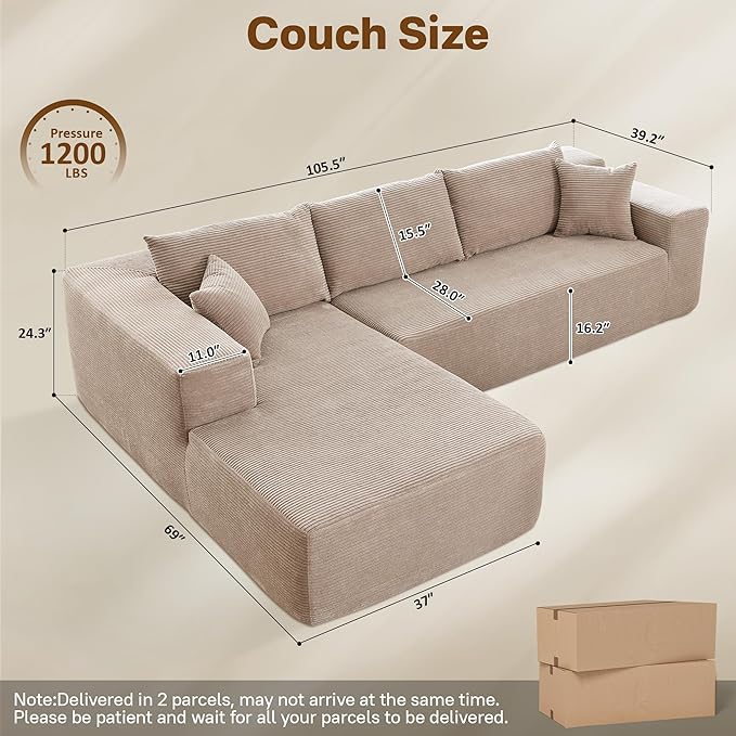 104" Cloud Sectional Couches for Living Room,L Shaped Boneless Couch in A Box,Sleeper Sofa with Comfy Chaise No Assembly Required,Camel-Ruum Studio Home