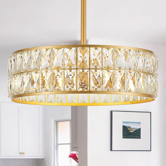 16” 4-Light Modern Crystal Chandeliers Gold Dinning Room Light Fixture, Round Pendant Light Kitchen Island Chandelier, Flush Mount Ceiling Light for Living Room Entryway Bedroom Foyer-Ruum Studio Home