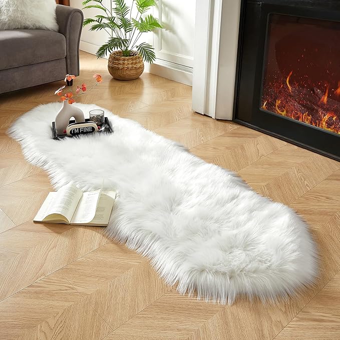 AMTOVO Faux Sheepskin Rug, White Ultra Soft Fluffy Shag Area Rug, 2 x 6 ft Faux Fur Rug for Bedroom Sofa Throw Cushion Room Decor, Sheepskin-Ruum Studio Home