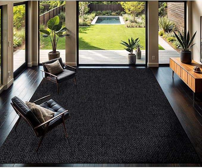 CAMILSON Easy Jute Rug 8x10, Indoor Outdoor Dark Gray Black Farmhouse Area Rugs for Living Room Patio and Kitchen Rug Solid Boho Woven Design Easy-Cleaning Washable Outside Carpet Alfombras (8 x 10)-Ruum Studio Home