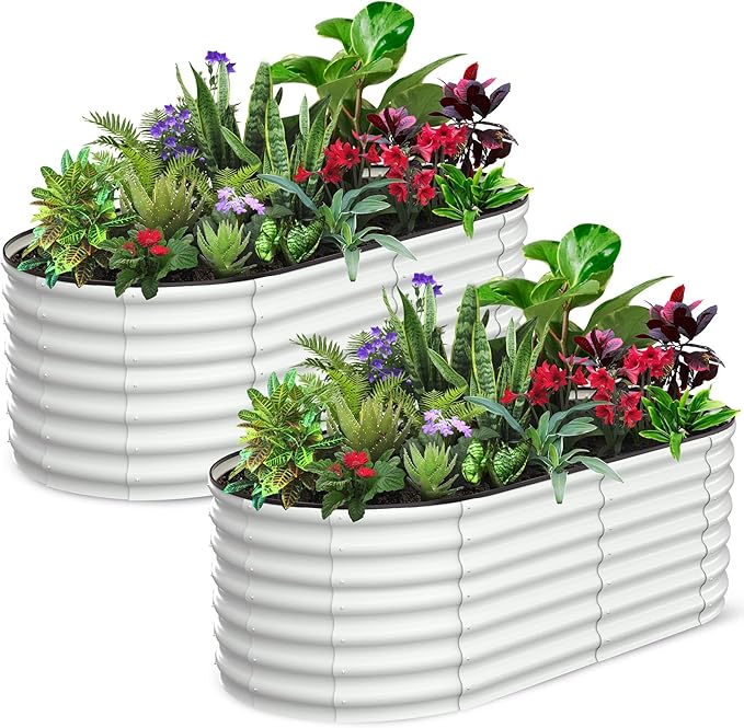 2 Pcs 6x3x2ft Oval Raised Garden Bed, Galvanized Raised Beds,Open-Ended Base Metal Raised Planter Beds,Garden Bed Outdoor,Planter Raised Boxes for Vegetables, Flowers,Tool-Free Asse,White-Ruum Studio Home