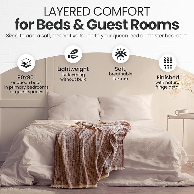 Gold Case Throw Blanket for Bed – 100% Recycled Turkish Cotton Bed Blanket – Decorative Throw Cotton Blankets for Living Room & Bedroom – Elegant Grey Woven Queen Blankets – 90x90-Ruum Studio Home