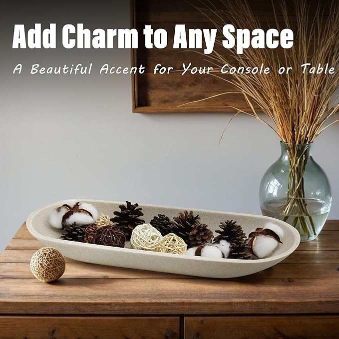 Large Decorative Bowl for Home Decor - Long Dough Bowl with Anti Slip Base for Table Centerpieces - Beige Minimalist Design Dough Decor Bowl for Coffee Table, Dining Table Centerpiece-Ruum Studio Home