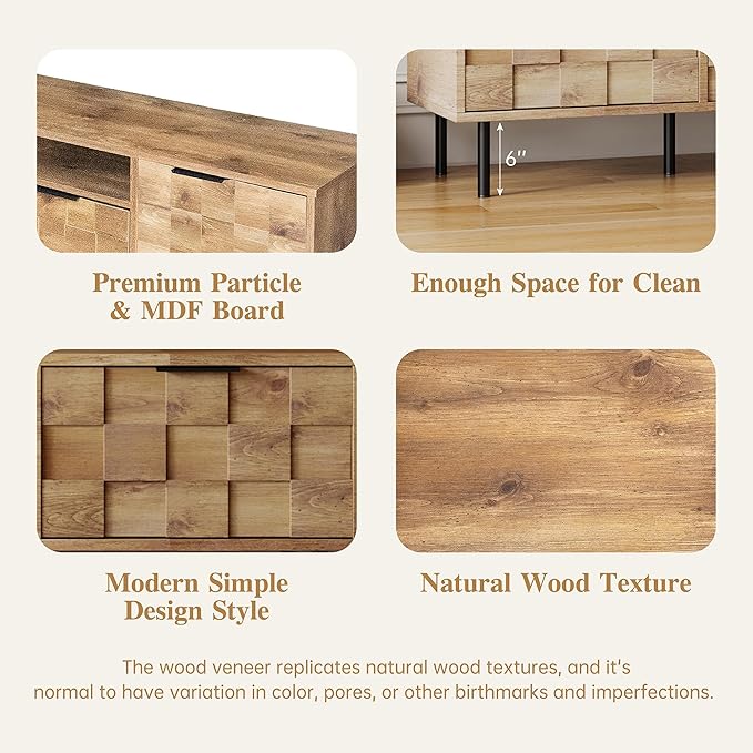 Modern TV Stand for TVs up to 85", Mid-Century Media Console with Checkered Cabinet Doors, Storage Drawers & Open Shelves, Wood Entertainment Center with Metal Legs-Ruum Studio Home