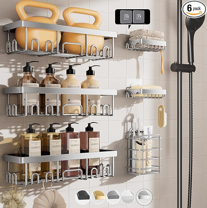 Veken Shower Caddy 6-Pack, Family Choice Award Winner, Large Wall Mounted Shower Rack, Bathroom Shelves Over Toilet, Organizer Storage Accessories with Soap Dish&Toothbrush Holder-Ruum Studio Home