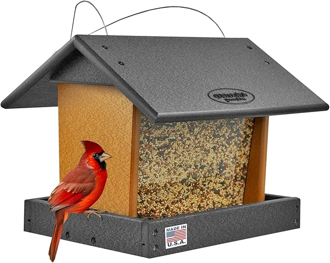 Poly Hanging Hopper Bird Feeder, Large Hanging Bird Feeder for Outside, Outdoors - Amish American Made (Black & Cedar)-Ruum Studio Home