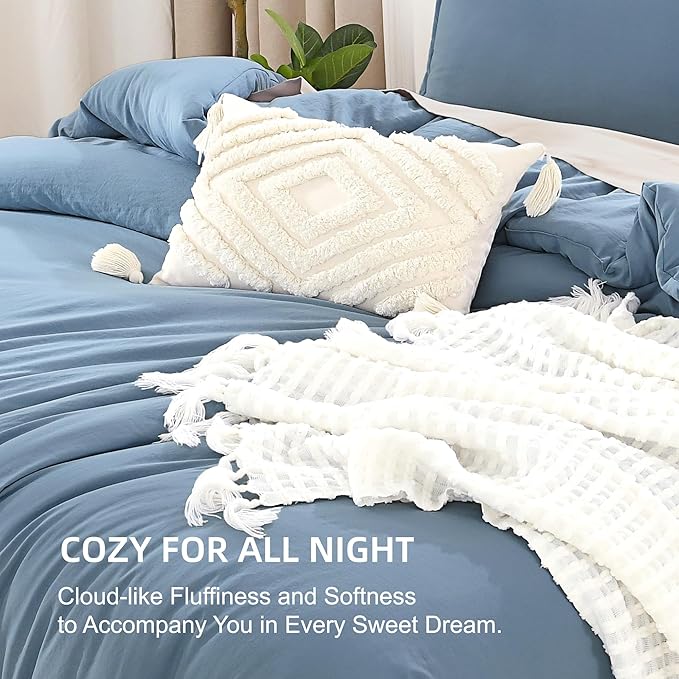 Litanika Comforters Grayish Blue Oversized Queen Size, 3 Pieces Lightweight Solid Bedding Comforter Set, All Season Fluffy Bed Set (98x98In Comforter & 2 Pillowcases)-Ruum Studio Home