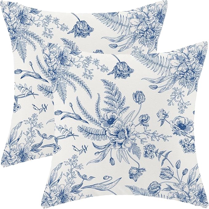 CXMEIFLY Spring Floral Leaves Pillow Covers 20 x 20 Inch Set of 2 for Chinoiserie Flowers Decor Throw Pillows Blue and White Seasonal Plant Outdoor Decorative Cushion Cases for Couch Bed Decorations-Ruum Studio Home