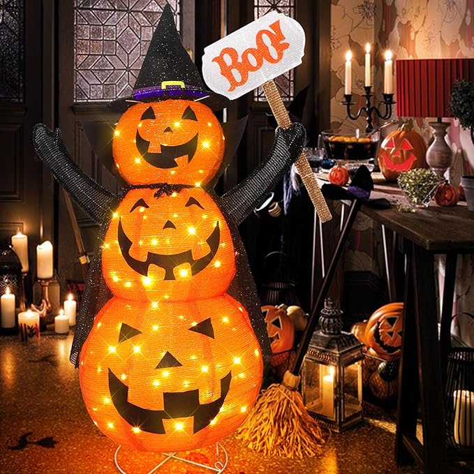 Halloween Decoration 4.3FT Retractable Jack-O-Lantern, 100 LED Collapsible Pumpkin Lantern with Black Star Hat, Plug in Halloween Lights with Stand for Indoor Outdoor Lawn Backyard Garden Decor-Ruum Studio Home