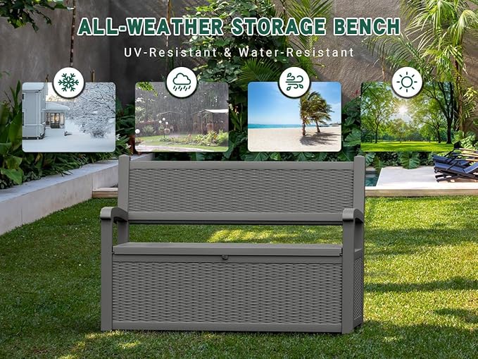 70 Gallon Outdoor Storage Bench Deck Box Lockable for Patio Furniture, Outdoor Porch Bench with Storage Waterproof for Cushions, Garden Tools and Pool Supplies, Grey-Ruum Studio Home