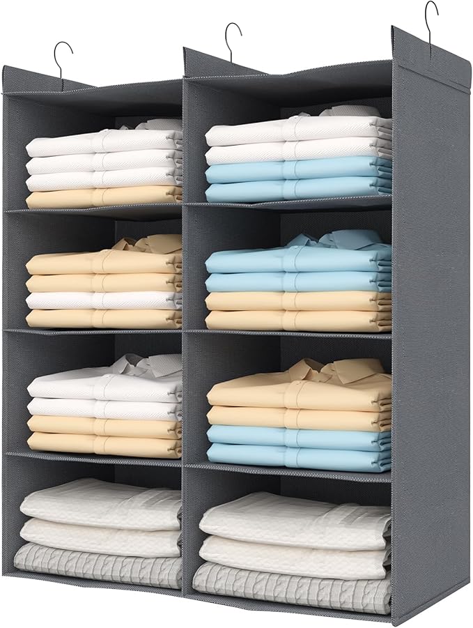 4 Tier Shelf Hanging Closet Organizer, Dual-Row 8 Pocket Cloth Hanging Shelf with 3 Sturdy Hooks for Storage, Foldable (Grey)-Ruum Studio Home