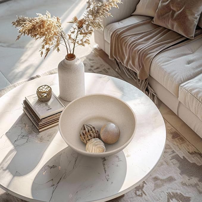 Large Decorative Bowl, Modern Handicraft Resin Bowls for Home Decor, Decorative Fruit Bowl for Kitchen Counter, Stylish Key Bowl for Entry Table, Artificial Stone Resin Beige-Ruum Studio Home