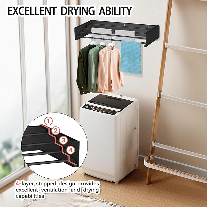 FOCHIER F Laundry Drying Rack Wall Mounted Clothes Drying Rack Collapsible with 5 Aluminum Rods and Drilling Template Long Screwdriver Bit 60 lbs Capacity (Black, 23.6“)-Ruum Studio Home