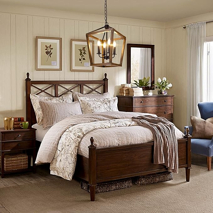 Farmhouse Chandelier Light Fixture for Kitchen Dining Room, 4-Light Rustic Pendant Hanging Ceiling Light Height Adjustable in Oak Wood Finish, Cage Lantern Lighting with E12 Base for Hallway Foyer-Ruum Studio Home