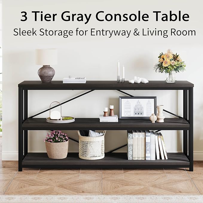 LVB 3-Tier Rustic Console Table, Extra Long Entryway Table with Storage, Industrial Skinny Wood Metal Sofa Table with Shelf, Modern Narrow Hallway Table for Foyer Living Room Bedroom, Dark Gray, 70 In-Ruum Studio Home