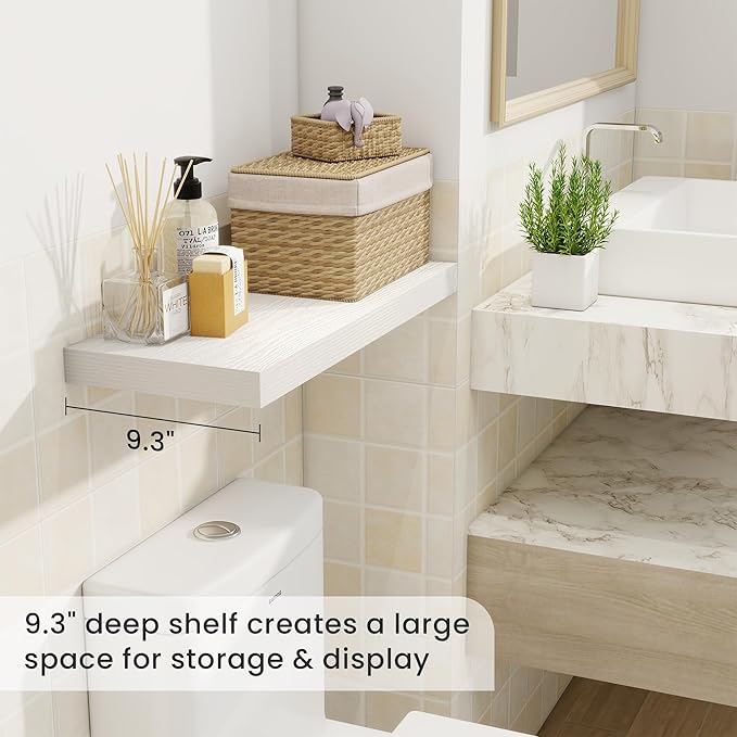 Fun Memories 24 Inch Floating Shelves for Wall, 9 Inch Deep White Rustic Wood Wall Mounted Shelves for Bathroom, Kitchen, Living Room, Set of 2-Ruum Studio Home