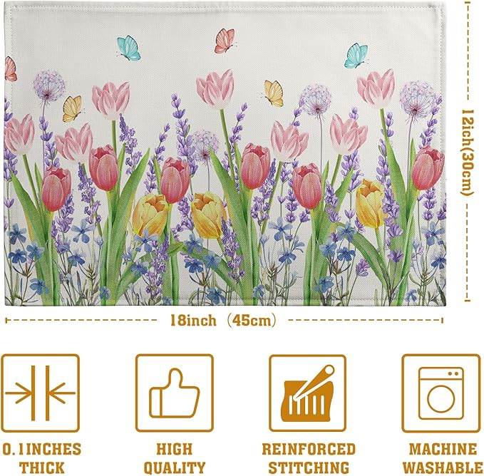 Tulip Placemats Set of 4 Spring Summer Flowers Tulips Lavender Place Mats Watercolor Floral Dandelion Butterfly Non-Slip Heat Resistant Washable Linen Table Mats for Dining Table Kitchen Decor-Ruum Studio Home