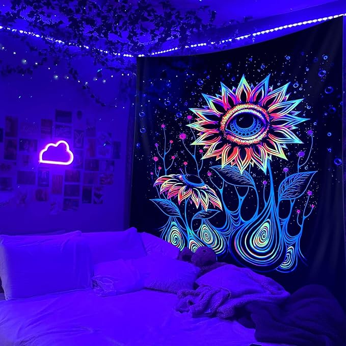 ADDWel Blacklight Sunflower Tapestry, Hippie Eye Tapestry Glow In The Dark, UV Reactive Black Light Upright Posters Wall Hanging for Bedroom Dorm Living Room Backdrop Decor-Ruum Studio Home