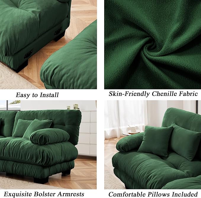 Modular Sectional Sofa, Comfy Cloud Couch Oversized Loveseat, Sectional Couches for Living Room, Modern Chenille Couch for Bedroom, Sleeper Deep Seat Sofa with Throw Pillows, Green-Ruum Studio Home