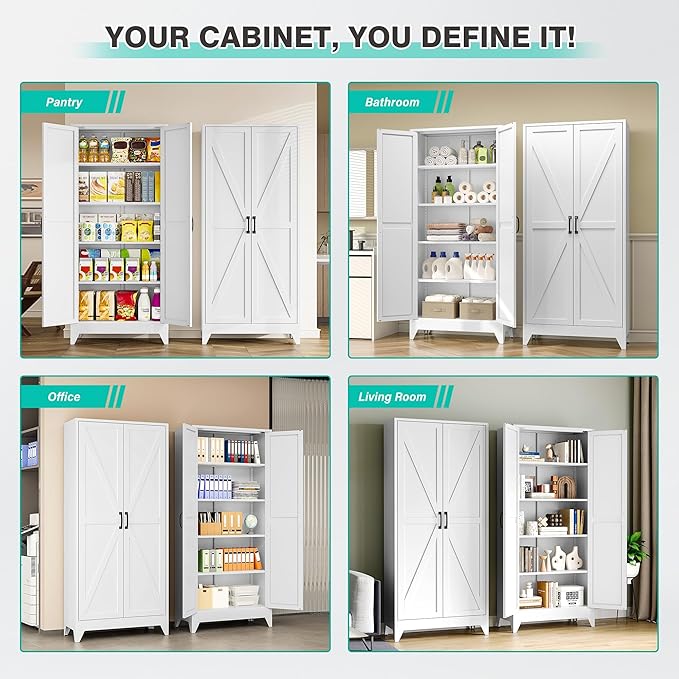75" Tall Pantry Cabinet,Farmhouse Kitchen Pantry Storage Cabinets with 2 Doors and 5 Shelves,White Metal Storage Cabinet,Large Cupboard for Home,Kitchen,Dining/Living Room-Ruum Studio Home