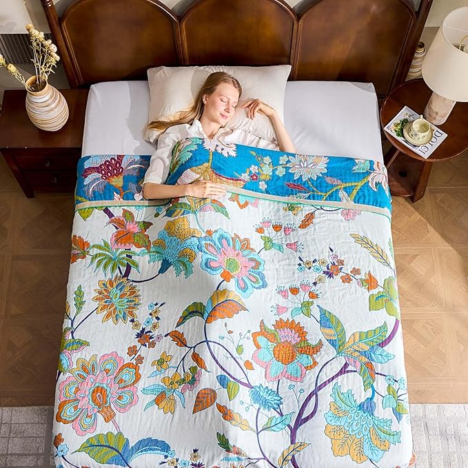Summer Throw Blanket, 80"x90" Reversible Bohemian Flower Blanket, 100% Cotton Muslin Breathable Woven, Farmhouse Decorative Throw Blanket-Ruum Studio Home