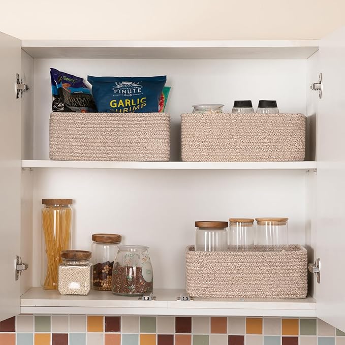3 Pack Small Storage Baskets for Organizing, Cute Woven Decorative Gift Baskets for Shelves, Mini Closet Organizer Bins with Handles-13''Lx8.66''Wx5.11''H-Brown-Ruum Studio Home