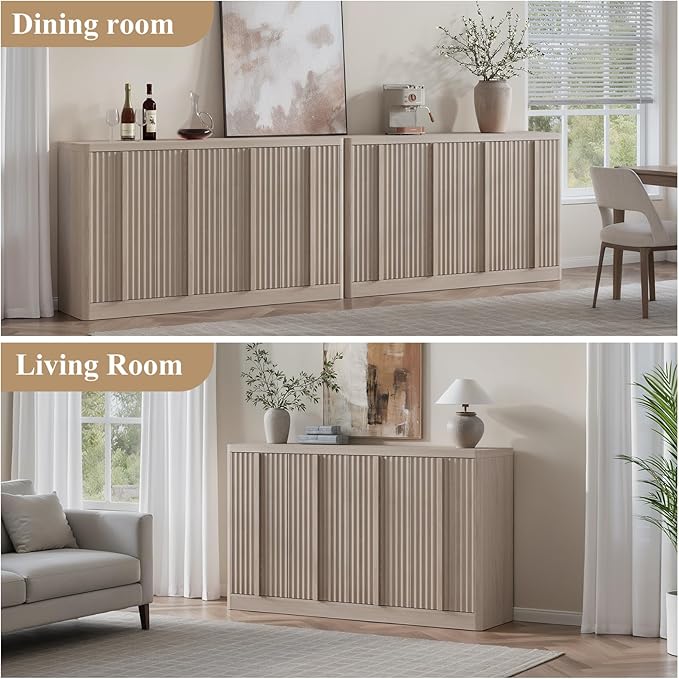 Fluted Buffet Cabinet with Storage, 60" Sideboard Buffet Accent Cabinet with 4 Door & Solid Wood Handle, Modern Buffet Table Credenza Console Cabinets for Living Room, Dining Room, Kitchen, Oak(1PCS)-Ruum Studio Home