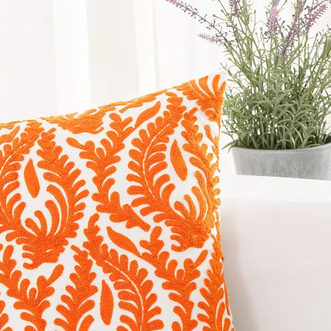 HWY 50 Orange Fall Decorative Throw Pillow Covers 18x18 Inch (1 Piece), Embroidered Cotton Farmhouse Cushion Cover Pillow Case for Sofa Couch Living Room Bed Bedroon, Floral Branches-Ruum Studio Home