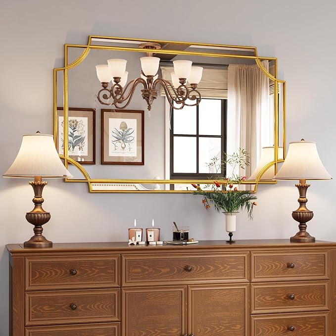 Kelly Miller Large Gold Mirror for Wall, 30"x46" Gold Bathroom Mirror Vanity Mirror Decorative Mirror Scalloped Beveled Mirror for Master Bath Half Bath Living Room Bedroom Farmhouse Fireplace Hallway-Ruum Studio Home