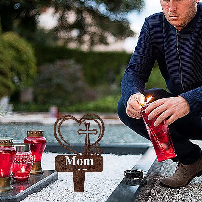 Mom Memorial Grave Stake, Cemetery Decorations for Grave Markers 12.5 x 7.2 inch Heart Metal Sympathy Stakes Graveside Plaque Decor Sign for Mother Graves, Yard, Garden - Rust-Mom-Ruum Studio Home